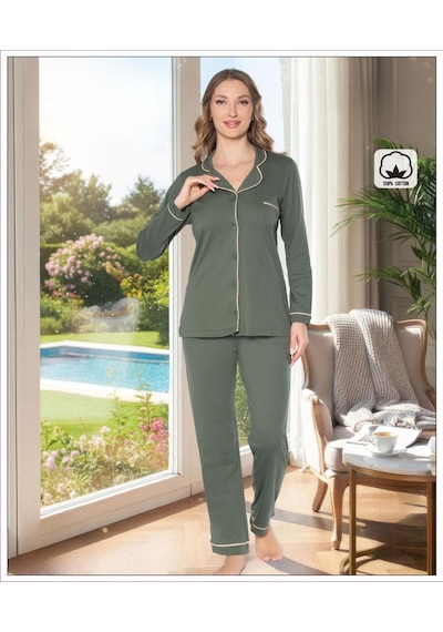 Melodi Kadın %100 Pamuk Önden Düğmeli Uzun Kol Baharlık Pijama Takımı 16218 - 1 Adet Haki
