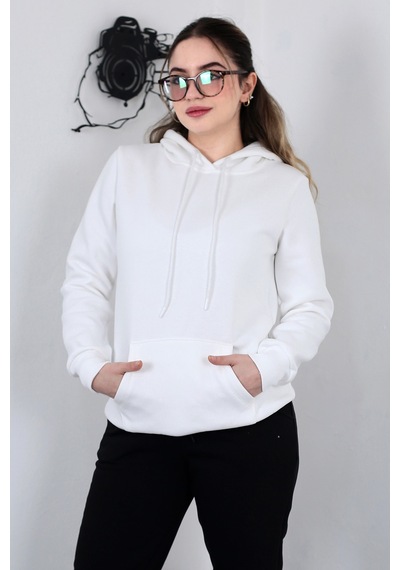 Hodies Winter Kapşonlu Kanguru Cep 3 İplik Puf Yumuşacık İçi Polarlı Sweatshirt Beyaz