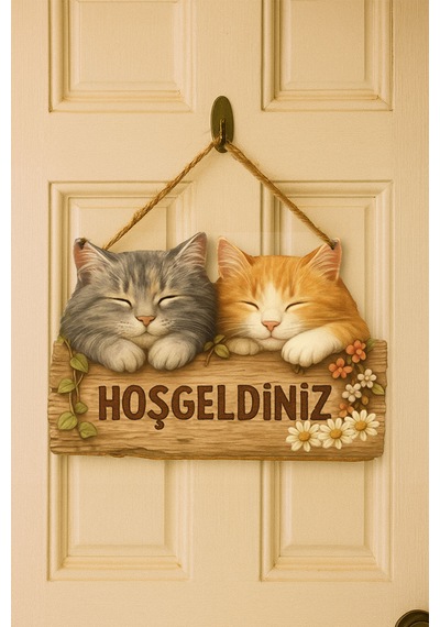 Kapı Süsü Ahşap "hoşgeldiniz" Yazılı Retro - Sevimli Kediler
