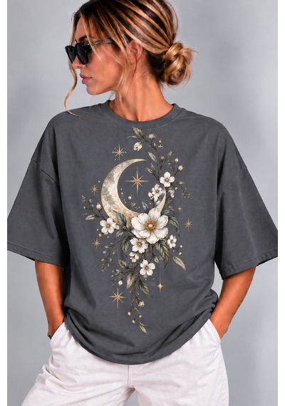 Velaura Studio Ay Işığı Çiçekleri Kadın T-shirt Açık Füme