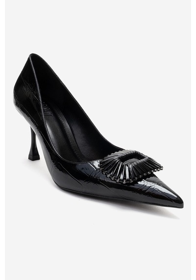 Luvishoes Rebel Siyah Baskılı Tokalı Kadın Topuklu Ayakkabı Siyah