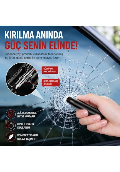 Polham 2in1 Arada Araç İçi Acil Durum Cam Kırıcı Ve Emniyet Kemeri Kesici Kompakt Oto Güvenlik Ve Acil Çıkış Aparatı