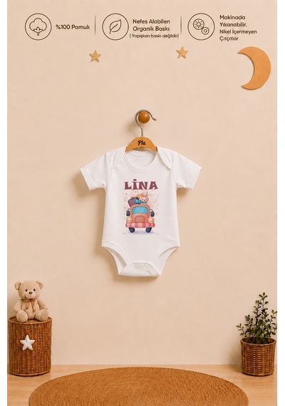 Pia Baby Kız Bebek İsme Özel Hediye Seti 2'li %100 Pamuk Organik Baskılı Body Zıbın Ve Ham Bez Kıyafet Kesesi 2075b2k6x Ekru