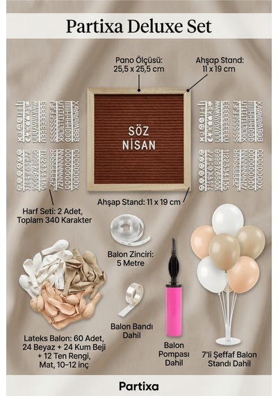 Nişan Söz Süsleme Deluxe Set Kahve Keçe Yazı Panosu Standlı Balon Zincirli 7 Li Şeffaf Balon Standlı 3+ Yaş