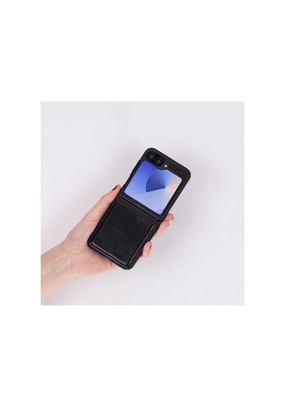 Samsung Galaxy Z Flip6 Uyumlu, Hakiki Deri, El Yapımı Arka Kapak Parlak Siyah Çok Renkli