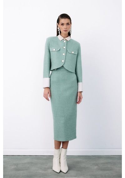 Sateen Süs Düğmeli Tüvit Kalem Etek - Mint-135079 Mint