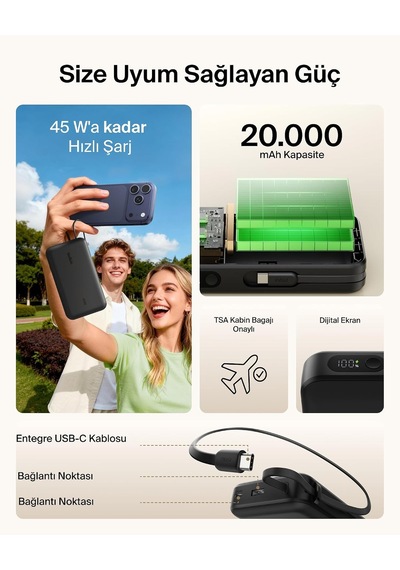 Ultracharge 20000 Mah Usb-c Kablolu Ve Ekranlı Power Bank, Siyah