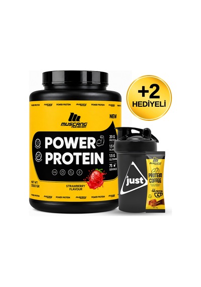 Mustang Nutrition Power Protein Tozu 3000 Gr 75 Servis Çilek + Shaker + Protein Kahve Hediyeli Çilek Aromalı