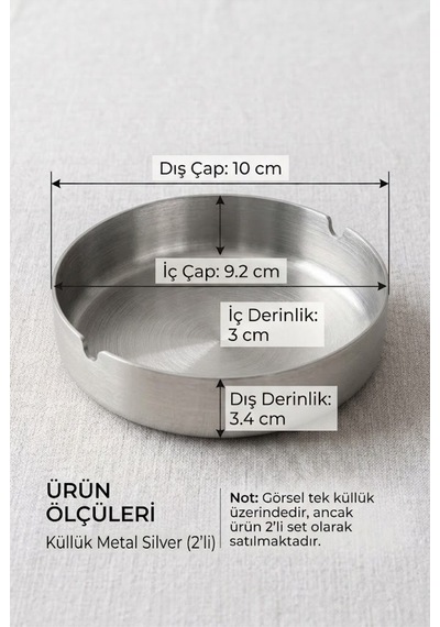 Paslanmaz Çelik 304 Kalite Küllük 10 Cm Çap 3,4 Cm Derinlik Dekoratif Küllük Gümüş