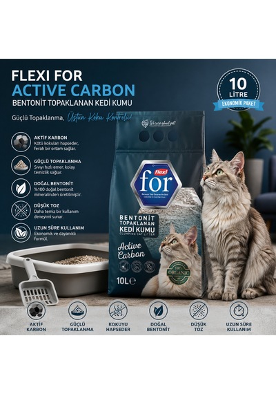 Aktif Karbonlu Bentonit Topaklanan Premium Kedi Kumu 10 L - Tozsuz - Ultra Koku Emici