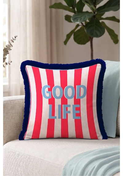 Pop Art Good Vibes Saçaklı Yastık Kılıfı - Lacivert Retro Kırmızı Mavi Püsküllü Kırlent Kılıfı Sakin Vadi Mira
