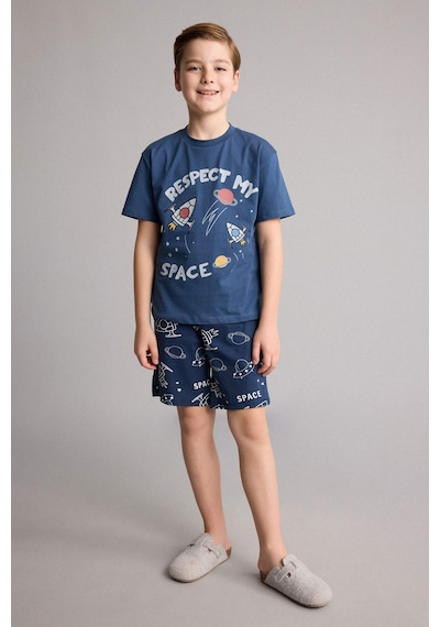 Defacto Regular Fıt Baskılı Şort Tişört 2li Pijama Takımı Erkek Çocuk H0374a826smın249 İndigo-ın249