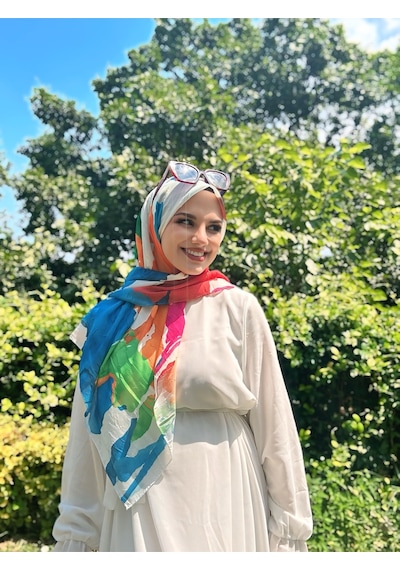 Moda Kaşmir Palet Desen Bambu Eşarp Beyaz-Mavi