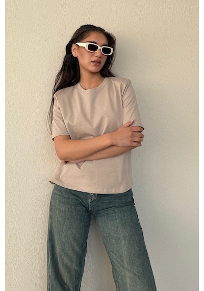 Madmext Camel %100 Pamuk Vatkalı Oversize Kadın T-shirt Mg2442 Camel