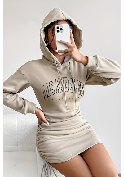 Merry See Kapşonlu Yandan Büzgülü Ayarlı Baskılı Uzun Oversize Sweatshirt Elbise Bej