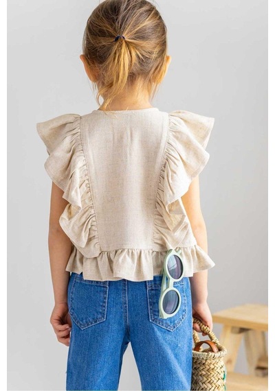 Oliventhekid Bej Naturel Keten Önden Düğmeli Kolları Ve Beli Fırfırlı Kız Çocuk Bluz Bej Bej