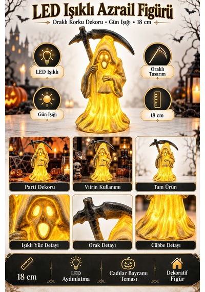 Halloween Cadılar Bayramı Led Işıklı Azrail Figürü Oraklı Kapüşonlu Gün Işığı Masa Süsü 18 Cm Renkli