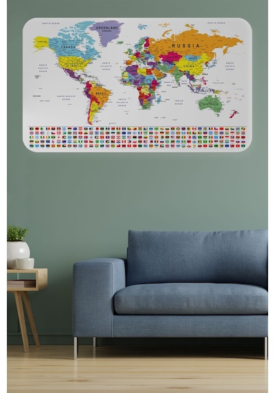 Ülke Bayrak Lı Eğitici Başkent Detaylı Atlası Dünya Haritası Duvar Sticker -60x105-3848 Çok Renkli