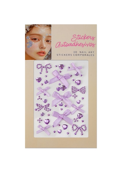 Lila Saten Fiyonklu Kalp Ve Kristal 3d Yüz & Tırnak Sticker Seti