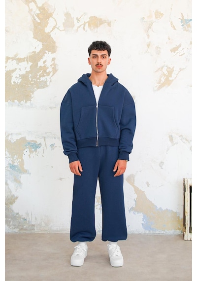 Lacivert Cozy Basic Tam Fermuar Oversize Sweatshirt Lacivert