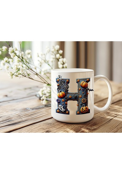 H Baş Harf Cadılar Bayramı Konsept Kupa Bardak - Halloween Hediye - Bal Kabağı Hayalet Örümcek Ağı Beyaz