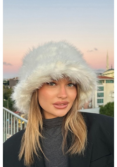 Mollycrush Suni Kürklü Peluş Bucket Kalpak Şapka Luxury Kadın Beyaz Rus Slav Tarzı Beyaz