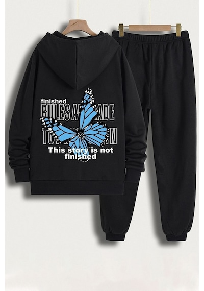 Uyguntarz Unisex Kelebek Baskılı Eşofman Takımı Siyah