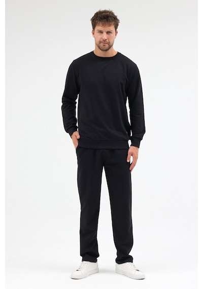 Mmetalic Siyah Relaxed Fit Bisiklet Yaka Sweatshirt Düz Paça Erkek Eşofman Takımı Mtlce3847