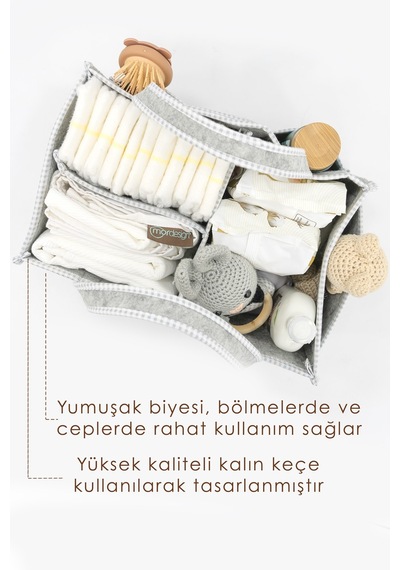 Çok Amaçlı Kalın Keçe Anne Bebek Bakım Çantası, Dolap İçi Organizer, Scotch Serisi Gri