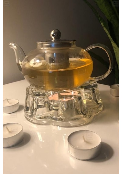 2 Li Set Cam Demlik Ve Cam Isıtıcı Süzgeçli Demlik 400 Ml Bitki Çayı Demliği Borasilikat Şeffaf