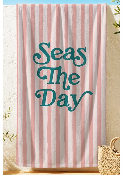 Çizgili Yazılı Deniz Plaj Havlusu - Modern Pembe Beyaz Marine Havuz Hızlı Kuruyan Mikrofiber Havlu Çiy Zambak