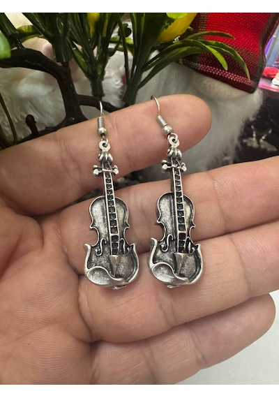 Aria String Keman Figürlü Gümüş Renk Sallantılı Küpe Çok Renkli