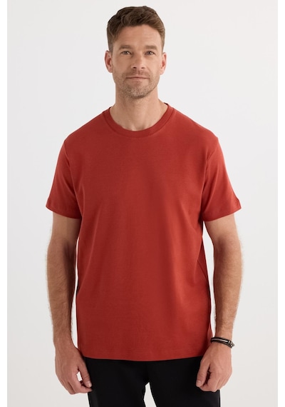 Tudors Unisex Relax Fit Rahat Kesim %100 Pamuk Yumuşak Dokulu Hafif Kalın Kiremit Bisiklet Yaka Tişört-36914 KIREMIT