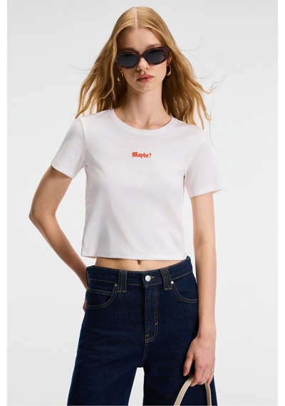 ETHIQUET ZERAYA Kadın Bisiklet Yaka Kısa Kollu Önde Nakış Detaylı Crop Beyaz T-Shirt