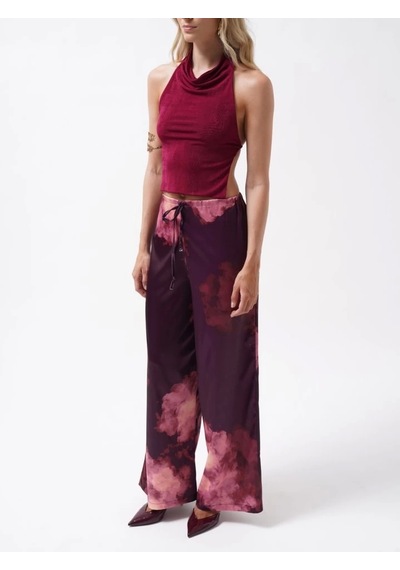 Defymoda Bel Lastikli Desenli Saten Pantolon Bordo