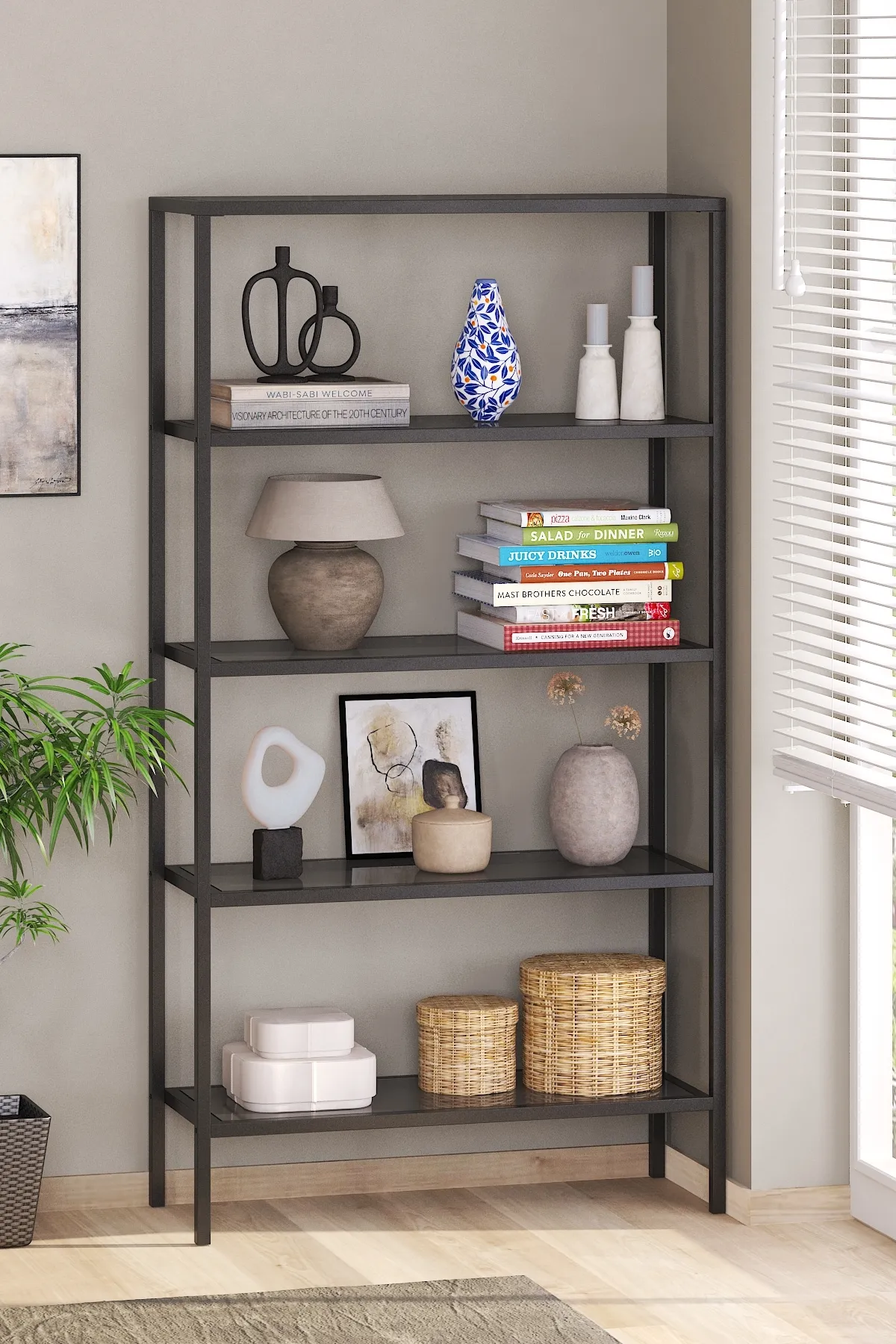 Modern 5 Katlı Metal İskeletli Cam Raflı Aksesuar Rafı Kitaplık Siyah-füme Modern 5 Katlı Metal İskeletli Cam Raflı Aksesuar Rafı Kitaplık Siyah-füme