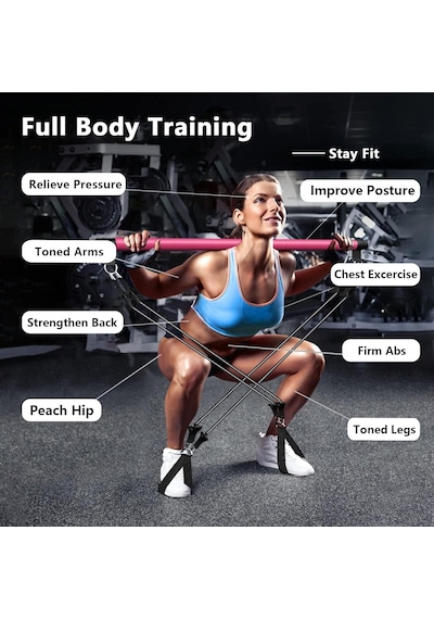 Valkyrie 4 Lastikli 1. Kalite Pilates Bar Egzersiz Çubuğu Ayarlanabilir Zorluk Evde Spor Squat Kademeli Çantalı Kolay Kurulum Pembe