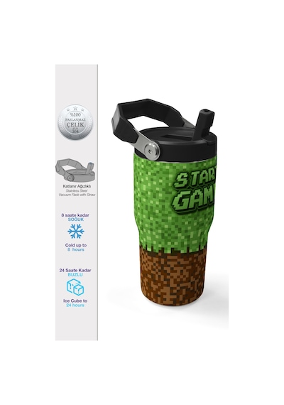 Coral High Yeşil Kahverengi High Craft Desenli Katlanır Ağızlıklı Çelik Termos 600ml 38916 Yeşil