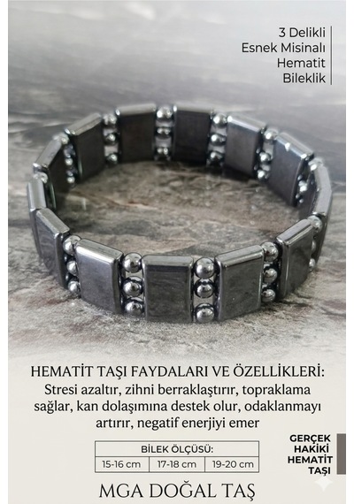 Hematit Bileklik - Hematit Taşı Bileklik - 3 Delikli Esnek Misinalı Hematit Bileklik Gri Gri
