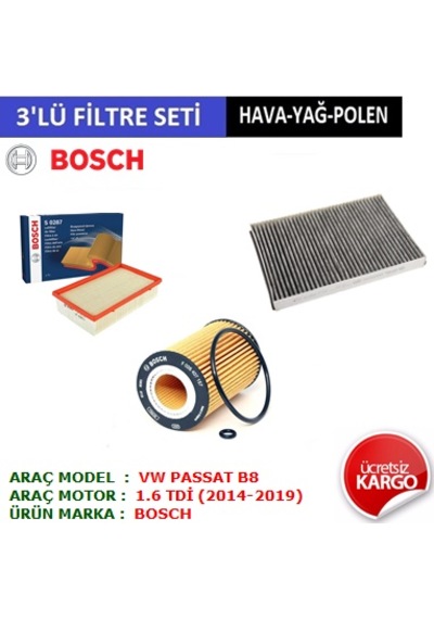 Vw Passat 1.6 Tdi Filtre Bakım Seti 2014-2020 3'Lü Set Hava + Yağ + Polen