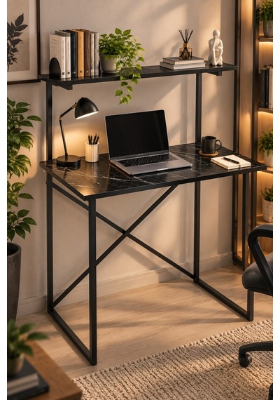 Sulorahome Raflı Ve Kitaplıklı Çalışma Masası Siyah Mermer Desenli Beyaz - Siyah Mermer Sulorahome Raflı Ve Kitaplıklı Çalışma Masası Siyah Mermer Desenli Beyaz - Siyah Mermer