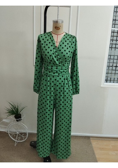 Bhrwear Kadın Uzun Kollu Kruvaze Yakalı Belden Büzgülü Uzun Desenli Süprem Tulum Renkli