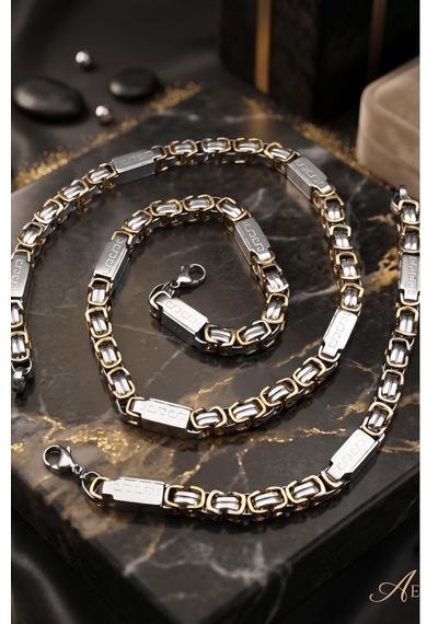 Paslanmaz Çelik Kral Model Erkek Kolye Zincir Ve Bileklik Set 8mm Grek Desenli 902930 Çok Renkli