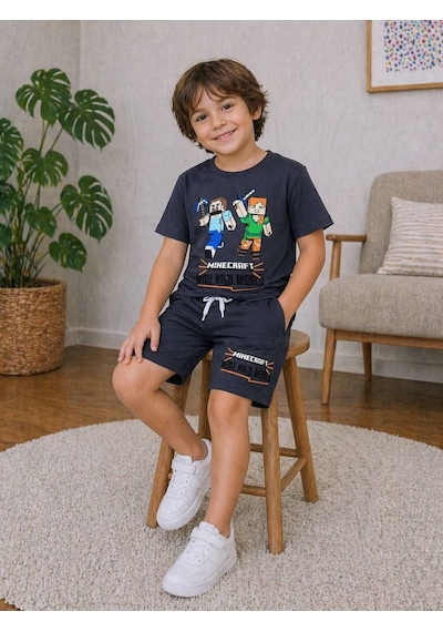 Miniko Kids Erkek Çocuk Mınecraft Desenli Pamuk Şortlu Takım Füme