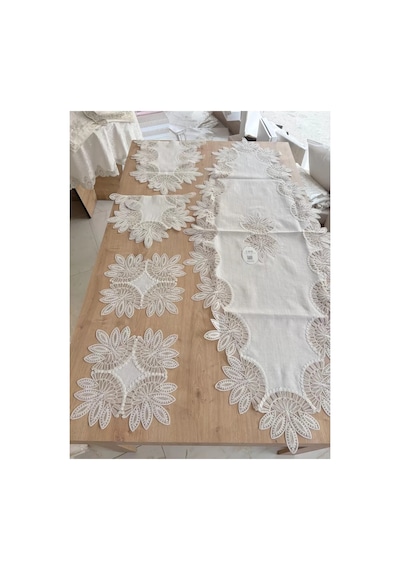Salon Takımı Çeyizlik Krem Runner Set 5 Parça Keten Ranır Masa Konsol Sehpa Örtüsü Lady Bzckh1968 Çok Renkli