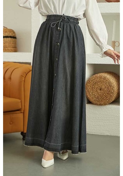 2215-denim Mevlana Düğmeli Etek Koyu Gri-1 Koyu Gri-1 Gri