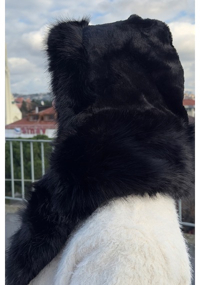 Mollycrush Kadın Suni Kürk Eşarp Atkı Şapka Kışlık Sıcak Tutan Soft Peluş Model Siyah