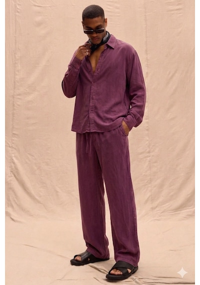 Tarz Cool Erkek Haki Tencel Kumaş Oversize Gömlek Pantolon Takım Rahat Kesim Yazlık Kombin Bordo