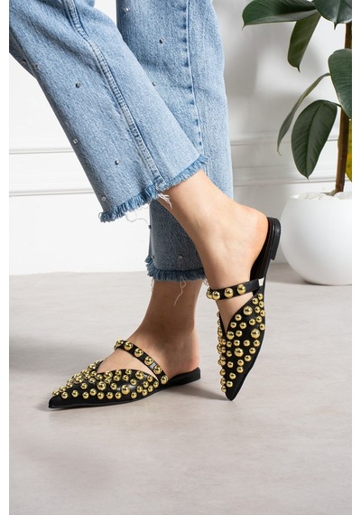 Shoetek Herewe Kadın Terlik Önden Bantlı Altın Pimli Siyah Deri