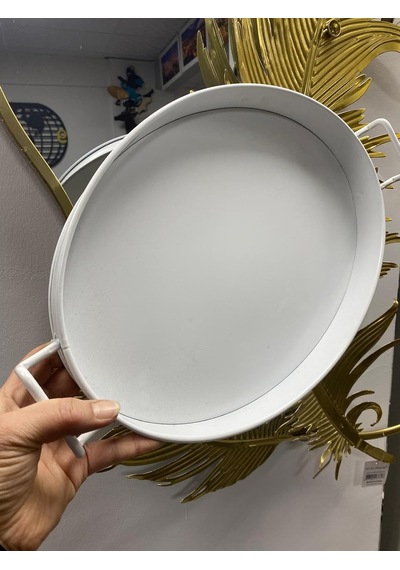 Metal Oval Tepsi, Beyaz, 36 Cm, Kulplu, Dekoratif Servis Tepsisi Çok Renkli